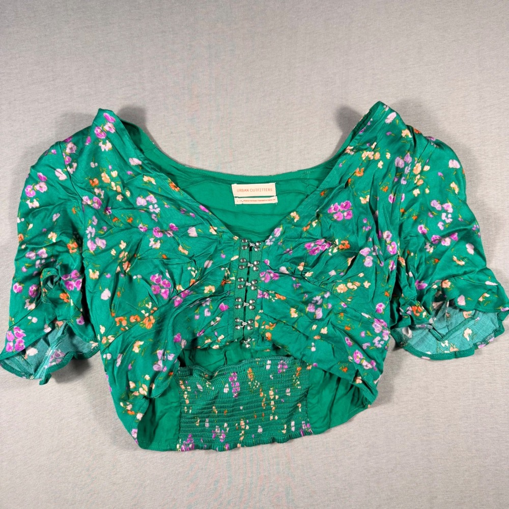 Urban Outfitters Green Floral Hook Eye Front Smocked Crop Top Blouse Large